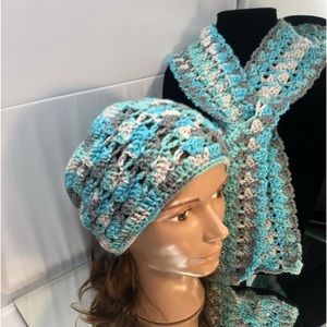 Winter hat and scarf set handmade crochet by me gray turquoise sea foam green303